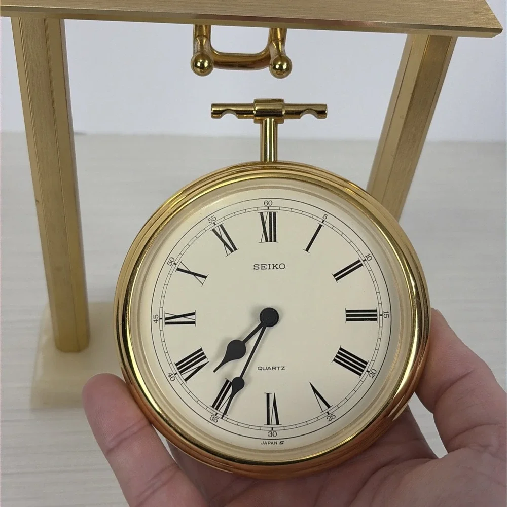 Vintage Seiko QZ 121 G Quartz Desk Clock Brass and Marble Stand Made in Japan